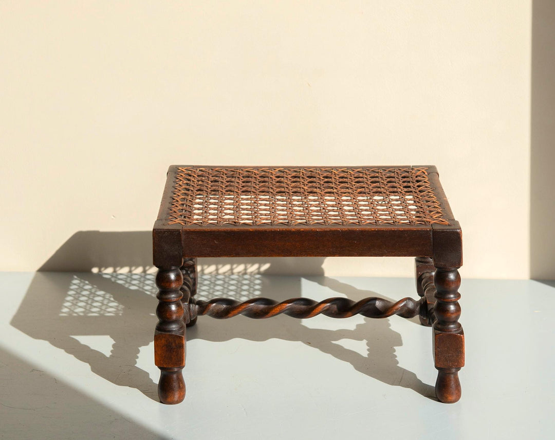 Antique Oak Barley Twist Stool - Bobbin Footstool With Cane Seat