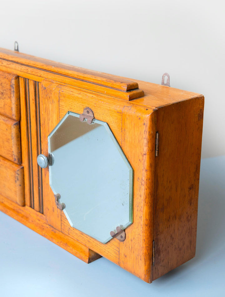 Antique Art Deco Oak Medicine Cabinet with Octagonal Mirror