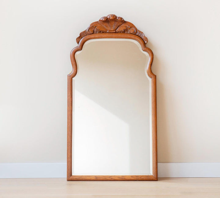 Antique Oak Scalloped Mirror- Carved Crest, 1900s