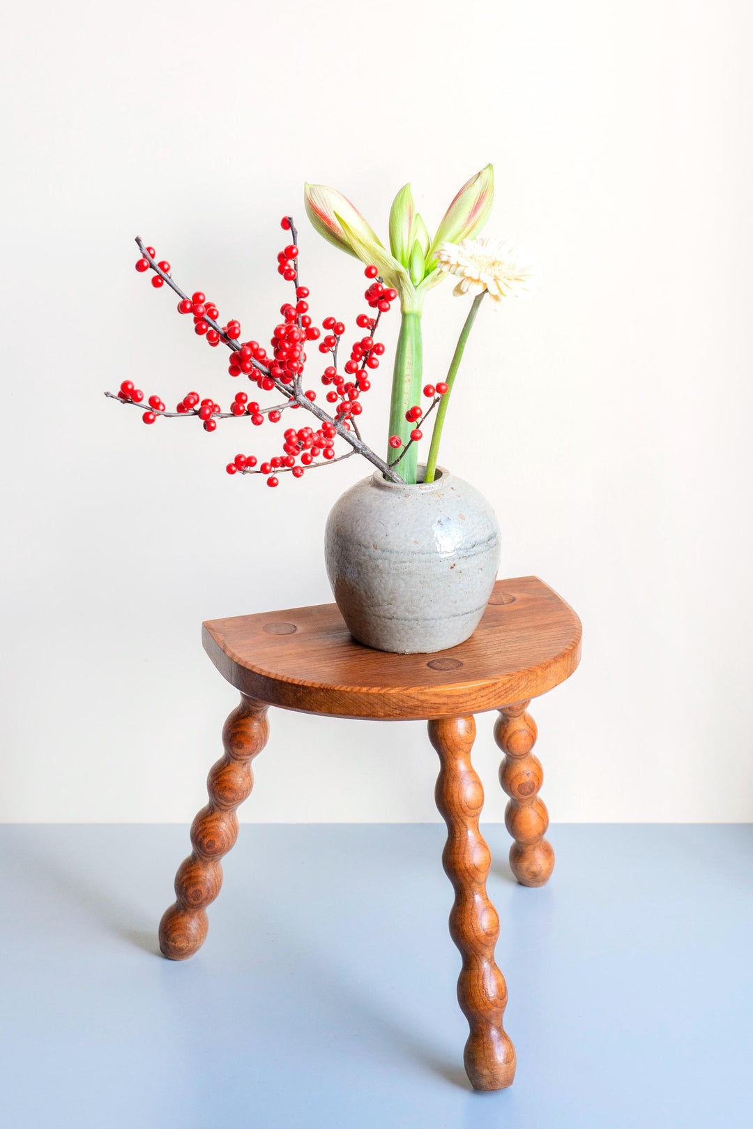 Vintage French Oak Bobbin Stool – Half Round Top