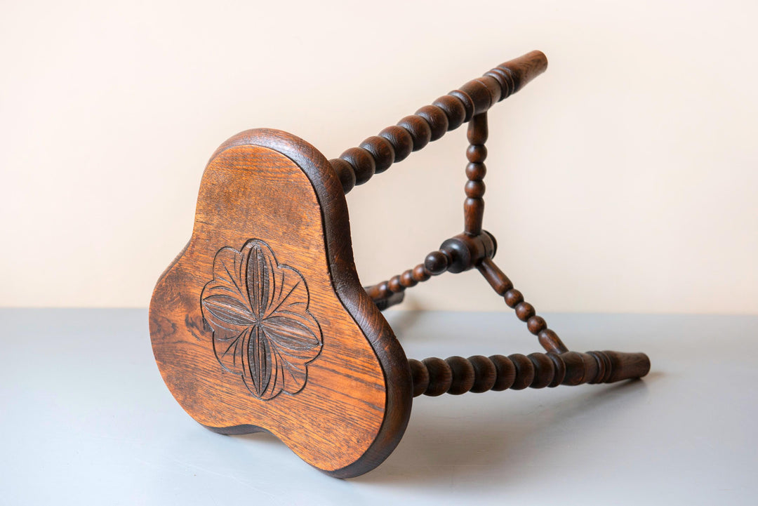 Antique Oak Bobbin Stool - Clover Seat