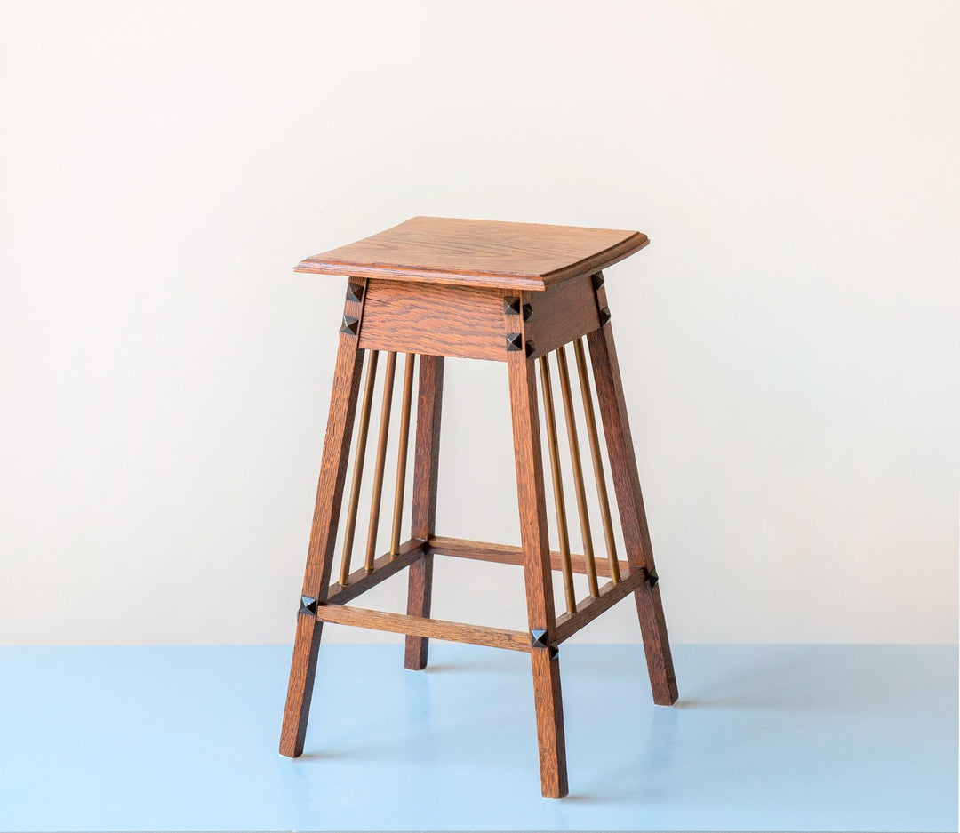 Dutch Art Deco Oak Side Table With Brass Spindles