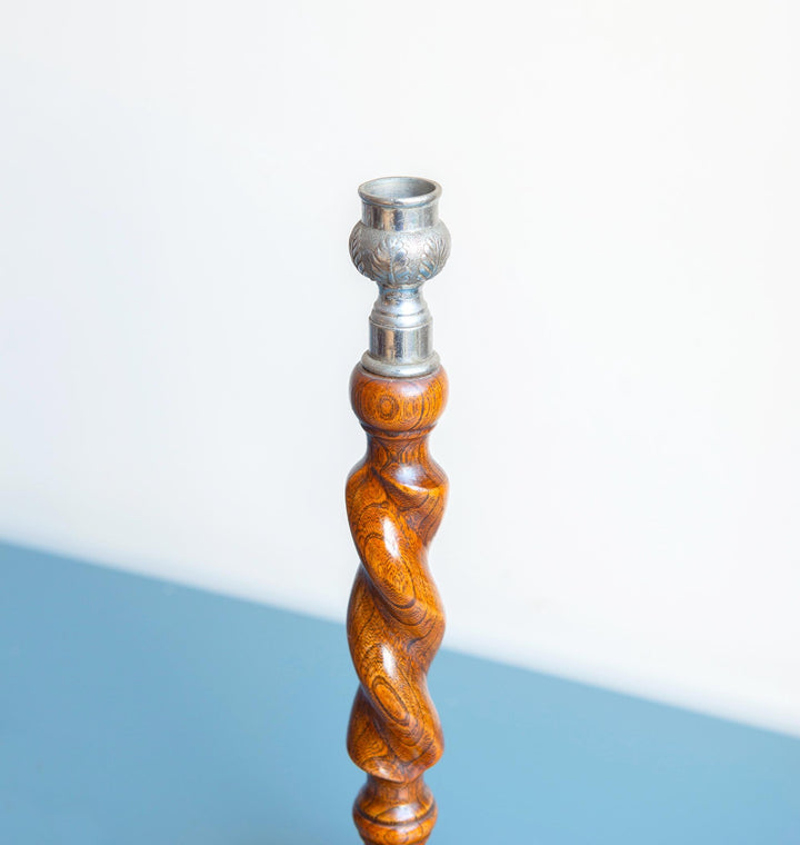 Two Antique Barley Twist Candle Holders, Oak Wood