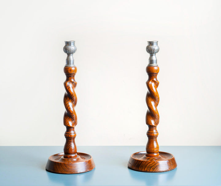 Two Antique Barley Twist Candle Holders, Oak Wood