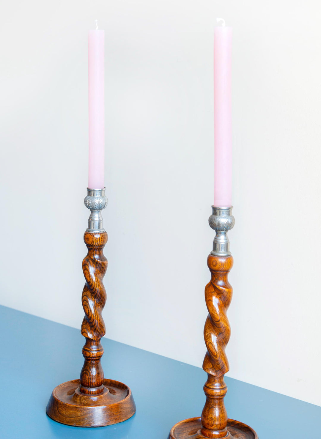 Two Antique Barley Twist Candle Holders, Oak Wood