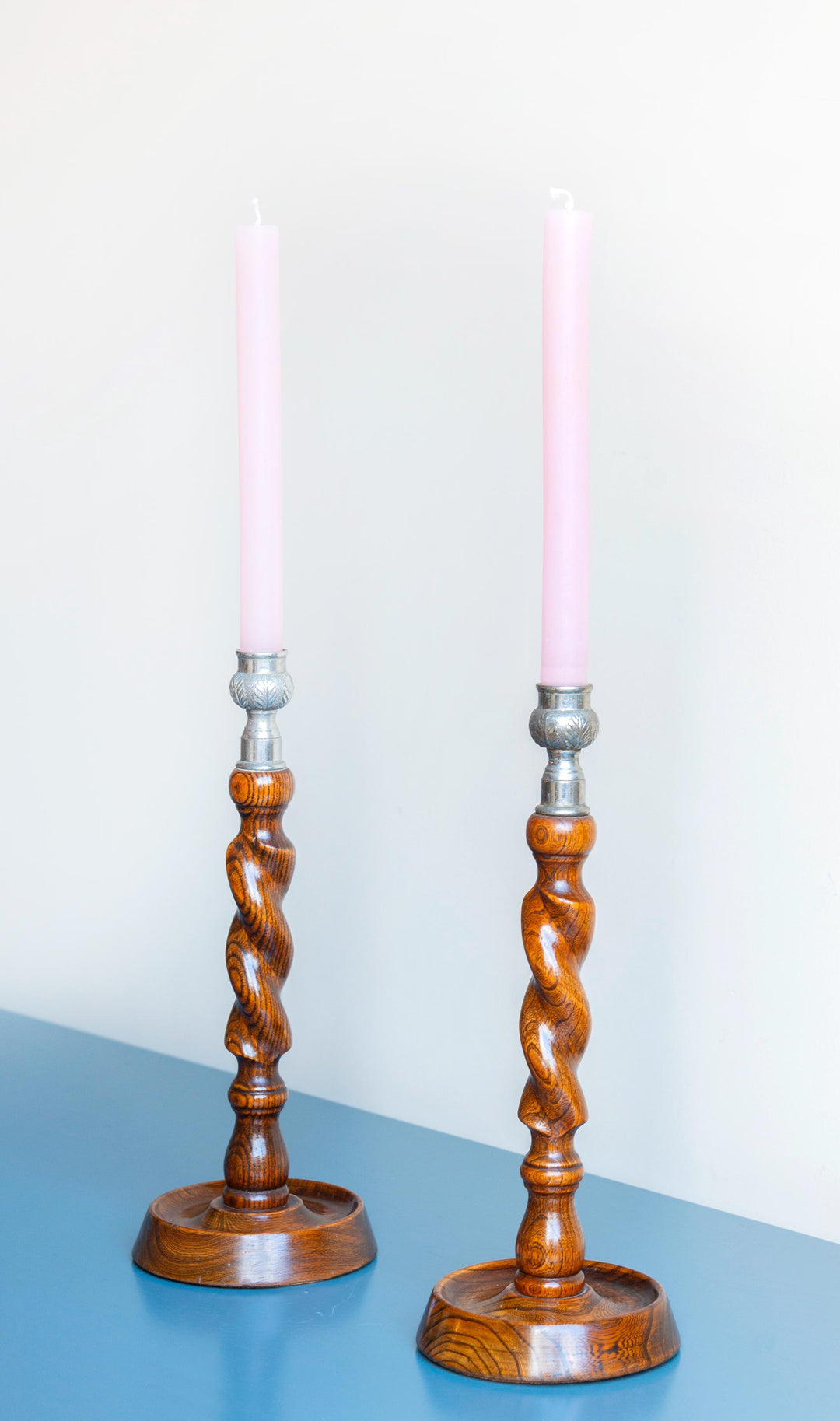 Two Antique Barley Twist Candle Holders, Oak Wood