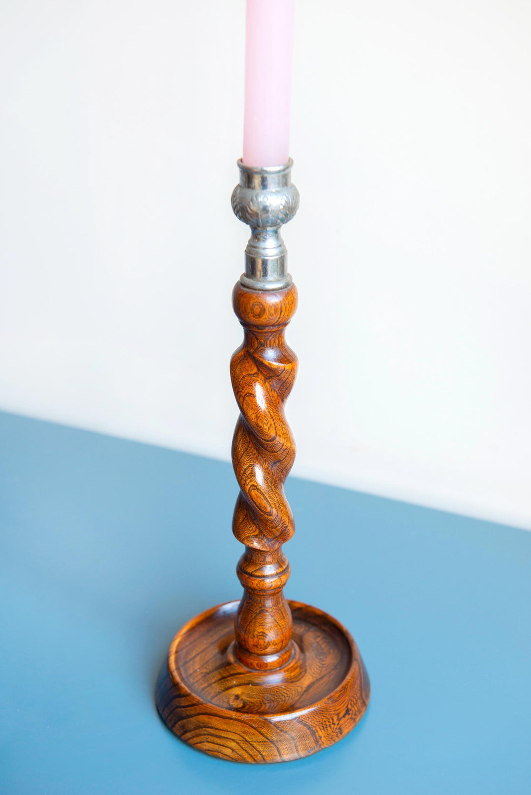 Two Antique Barley Twist Candle Holders, Oak Wood
