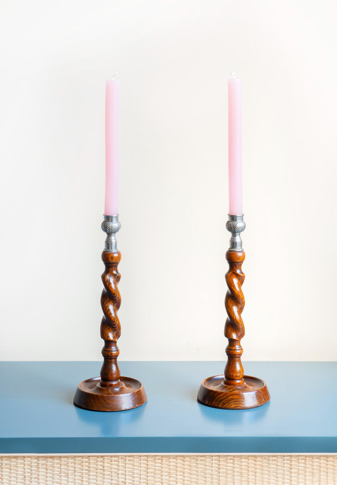 Two Antique Barley Twist Candle Holders, Oak Wood