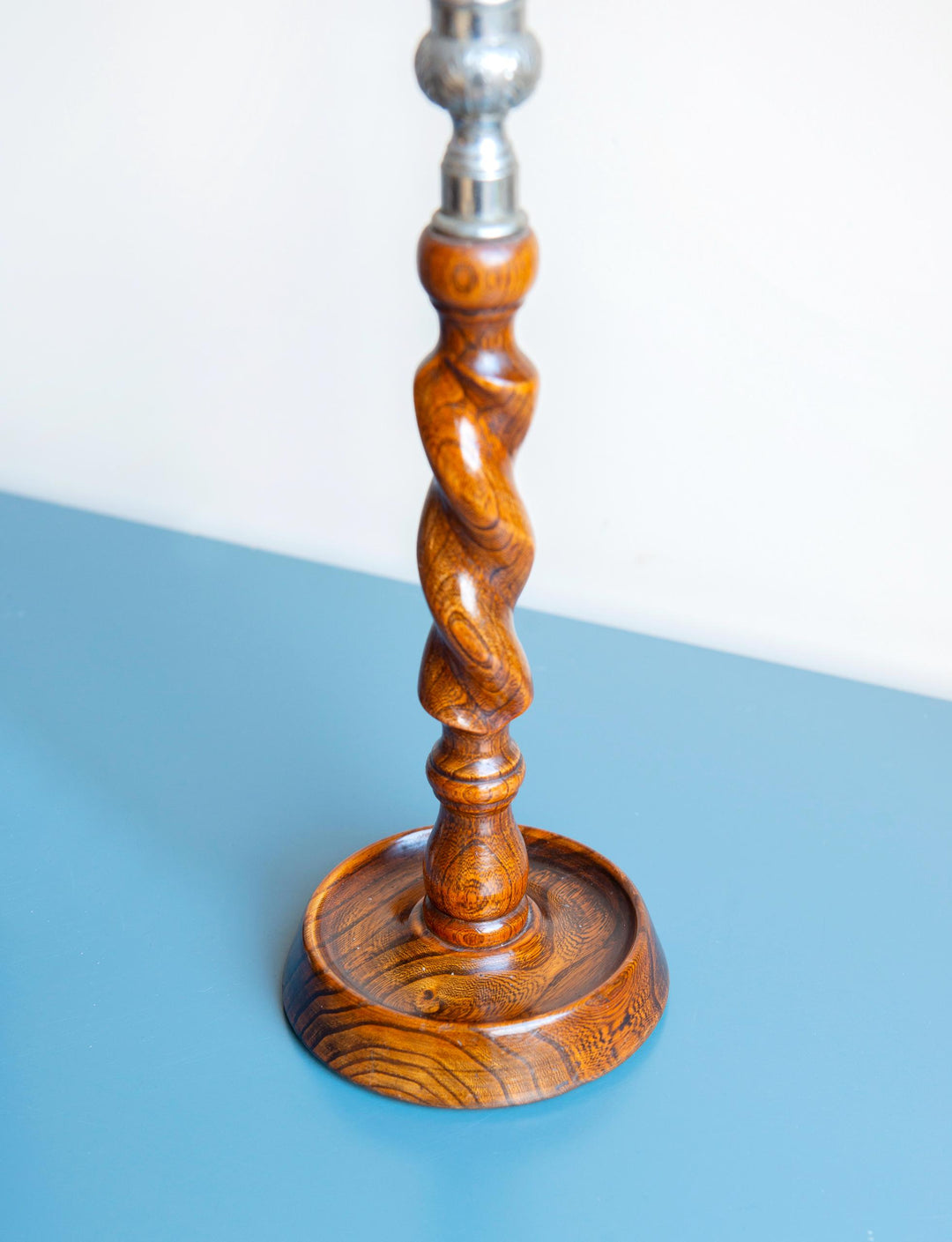 Two Antique Barley Twist Candle Holders, Oak Wood