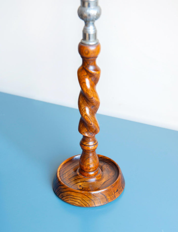 Two Antique Barley Twist Candle Holders, Oak Wood