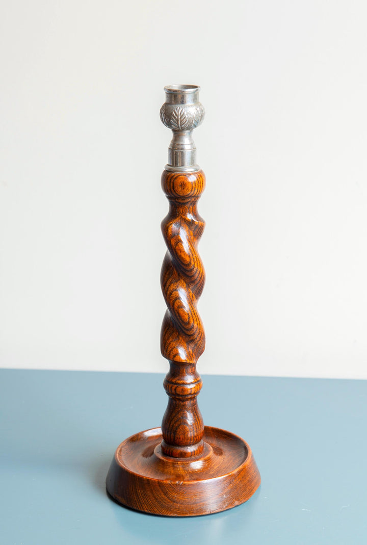 Two Antique Barley Twist Candle Holders, Oak Wood