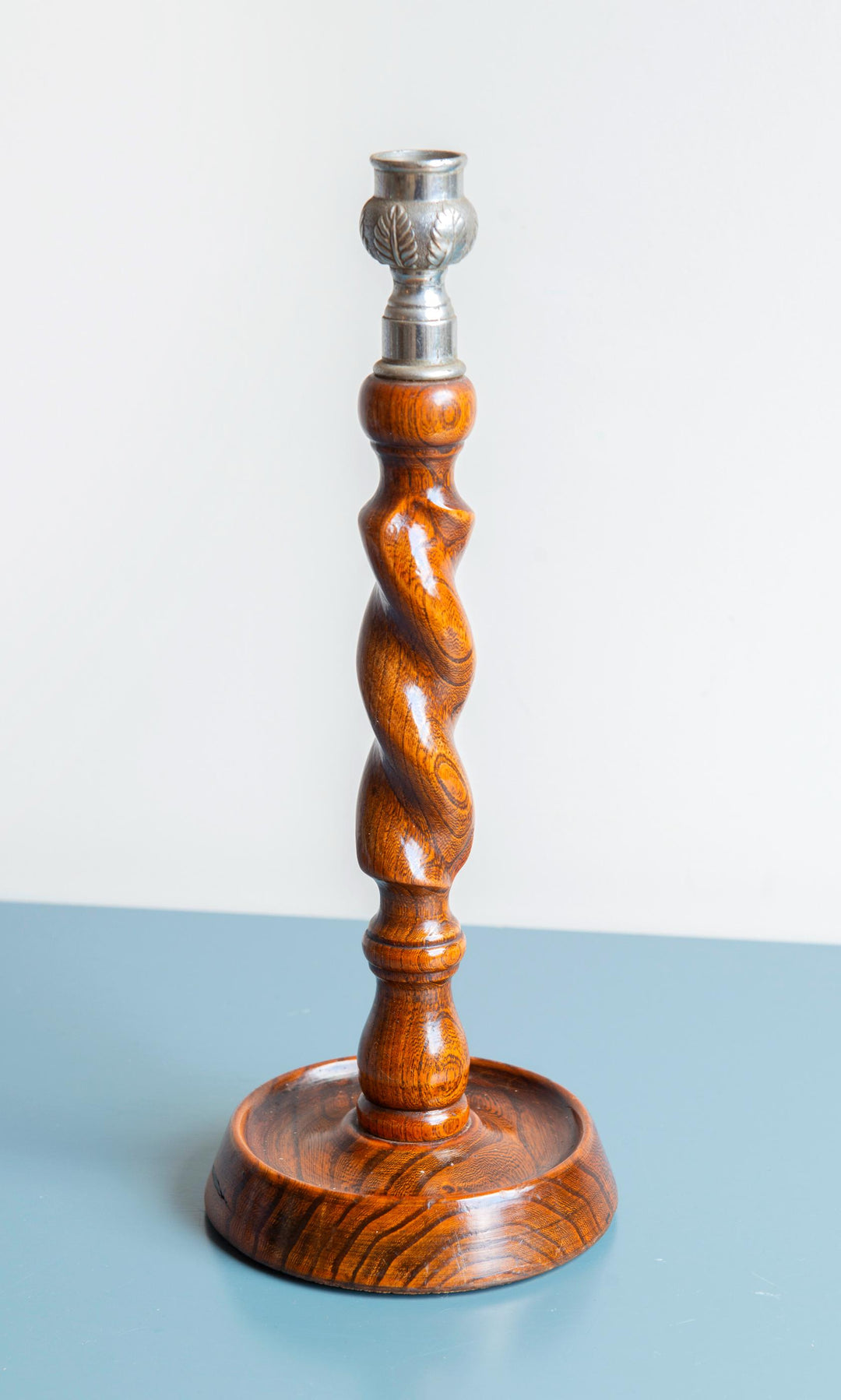 Two Antique Barley Twist Candle Holders, Oak Wood