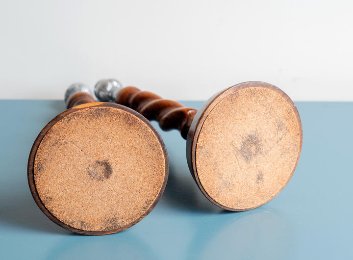 Two Antique Barley Twist Candle Holders, Oak Wood