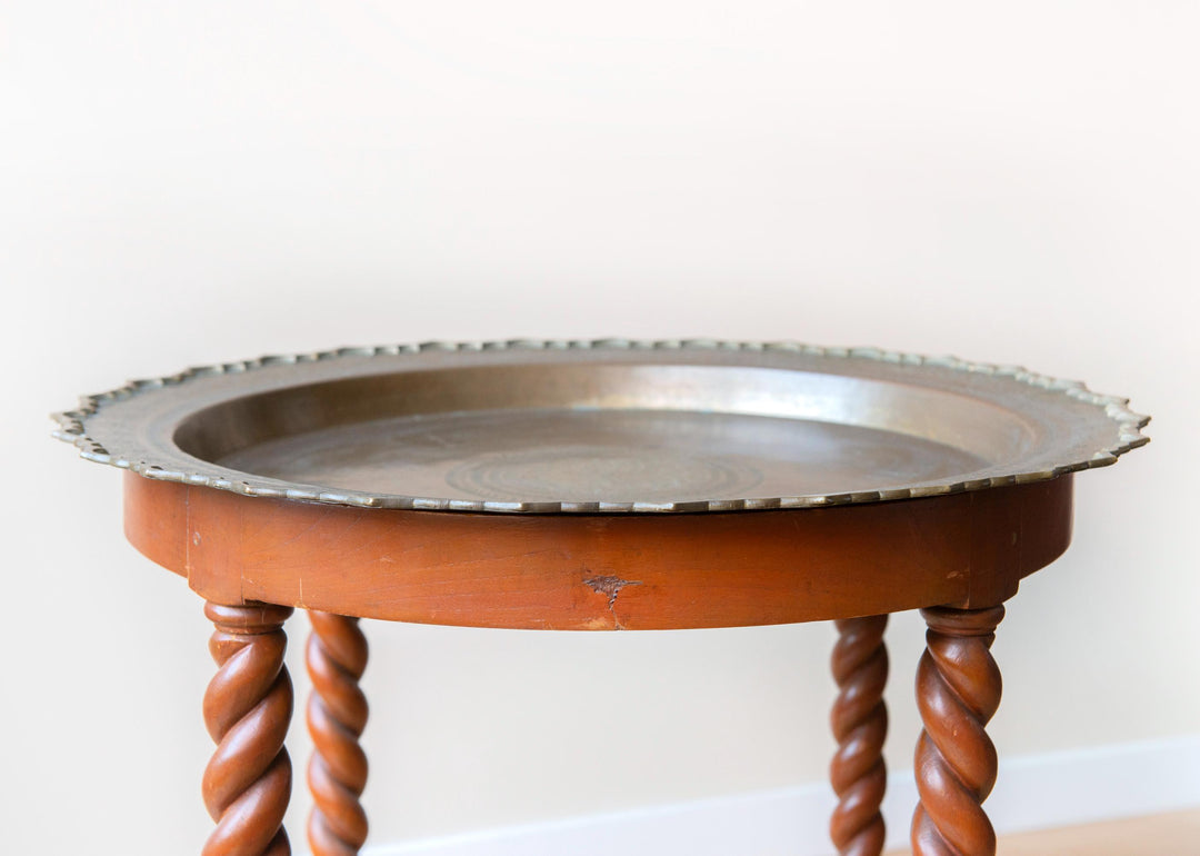 Antique Table With Turned Legs And Copper Tabletop, Art Deco