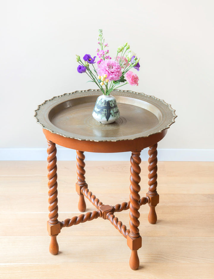 Antique Table With Turned Legs And Copper Tabletop, Art Deco
