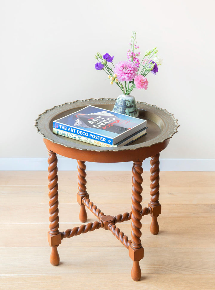 Antique Table With Turned Legs And Copper Tabletop, Art Deco