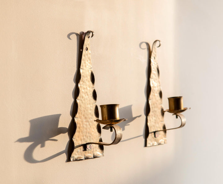 Decorative Hammered Brass Candle Holders for Wall – Set of Two