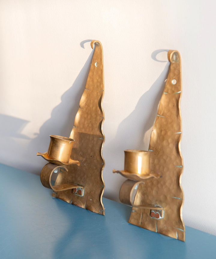 Decorative Hammered Brass Candle Holders for Wall – Set of Two