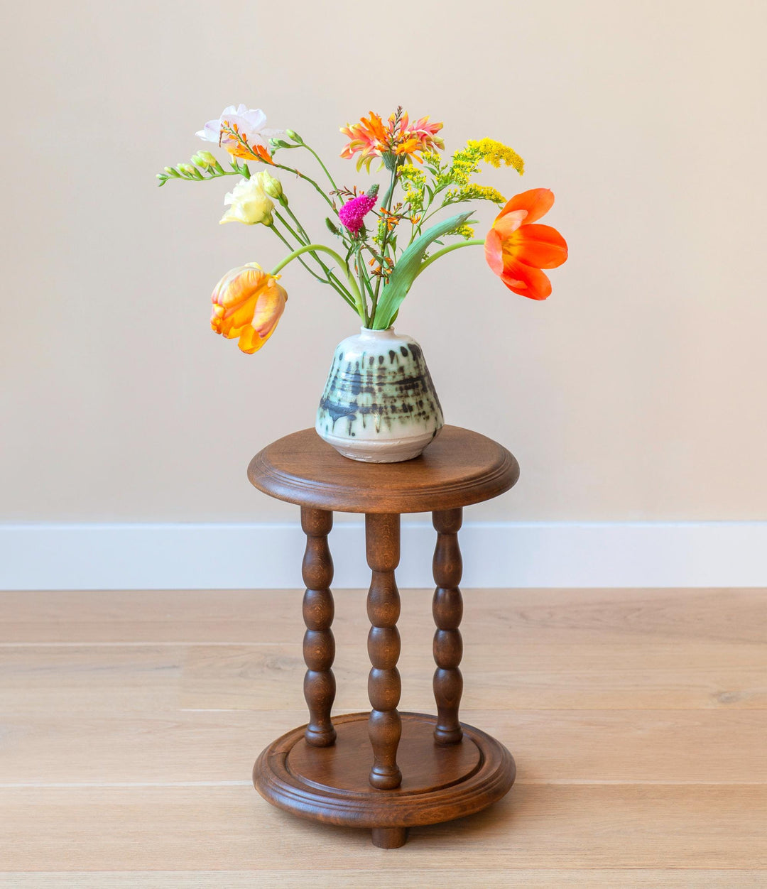 Small Round Stool With Turned Legs, Oak Wood