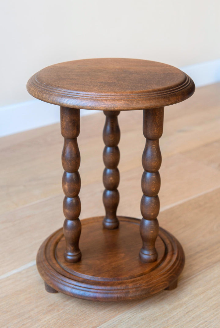 Small Round Stool With Turned Legs, Oak Wood