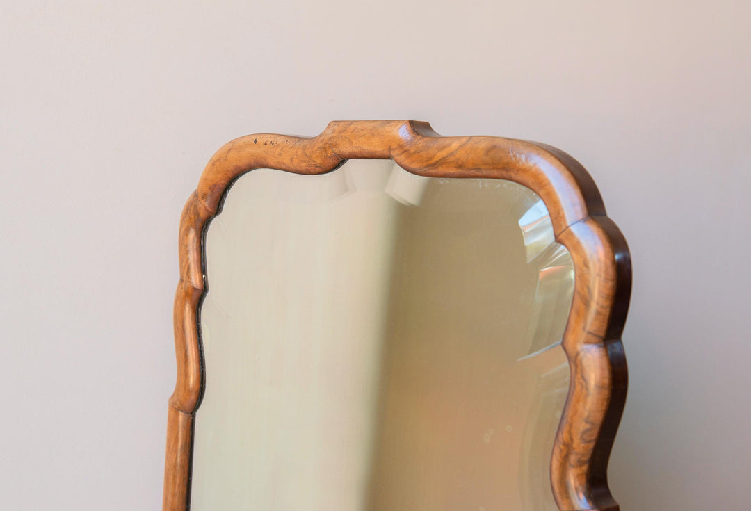 Large Scalloped Walnut Mirror With Beveled Glass, 19th Century