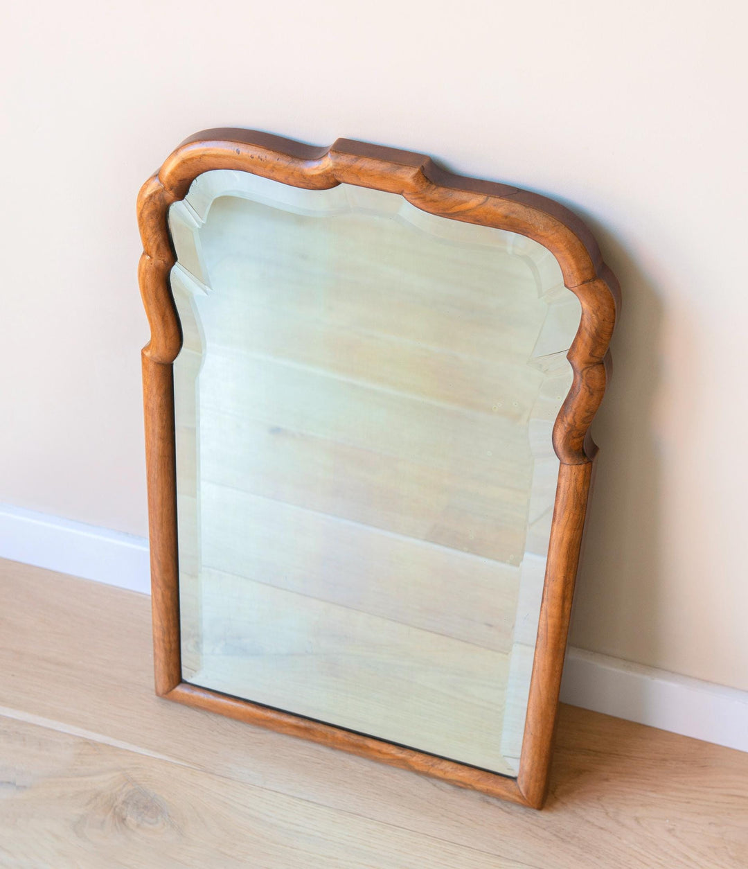 Large Scalloped Walnut Mirror With Beveled Glass, 19th Century
