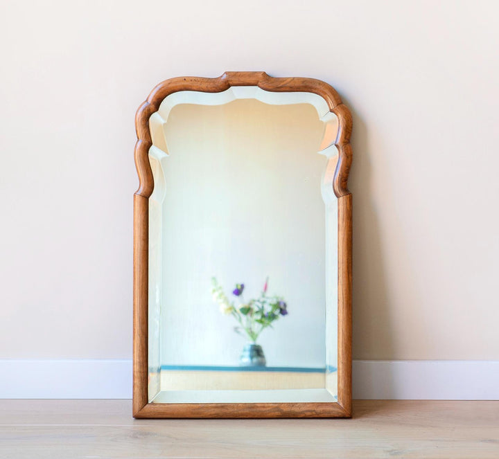 Large Scalloped Walnut Mirror With Beveled Glass, 19th Century