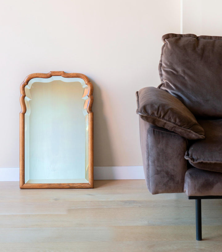 Large Scalloped Walnut Mirror With Beveled Glass, 19th Century
