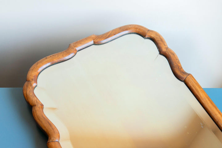 Large Scalloped Walnut Mirror With Beveled Glass, 19th Century