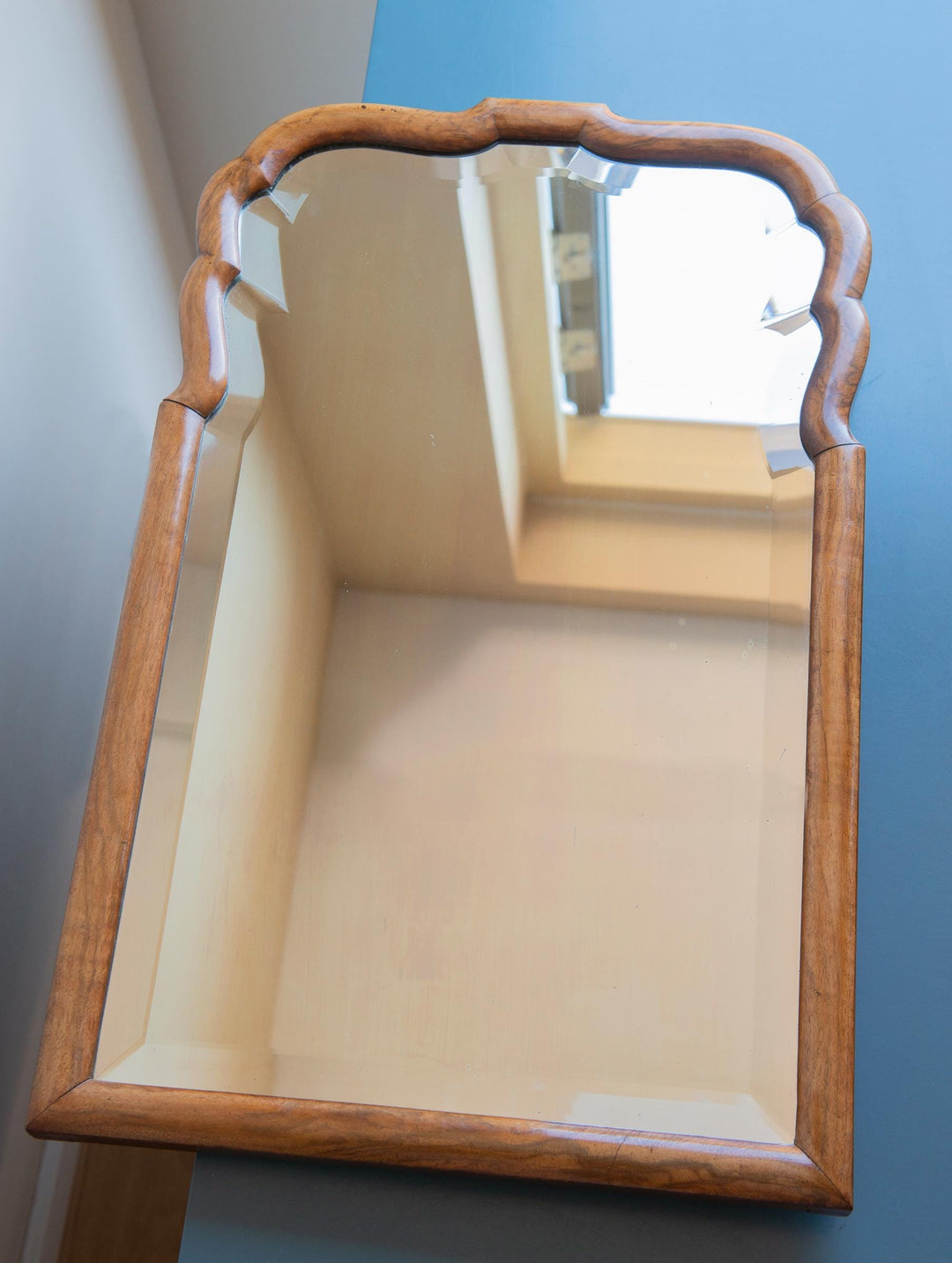 Large Scalloped Walnut Mirror With Beveled Glass, 19th Century