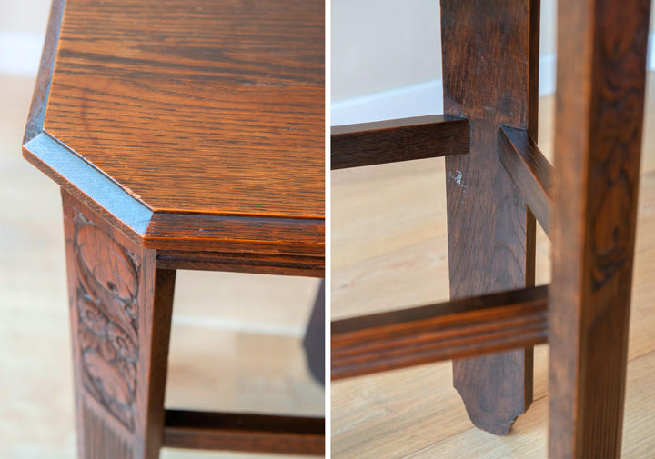 Hand Carved Oak Side Table, Art Deco Design