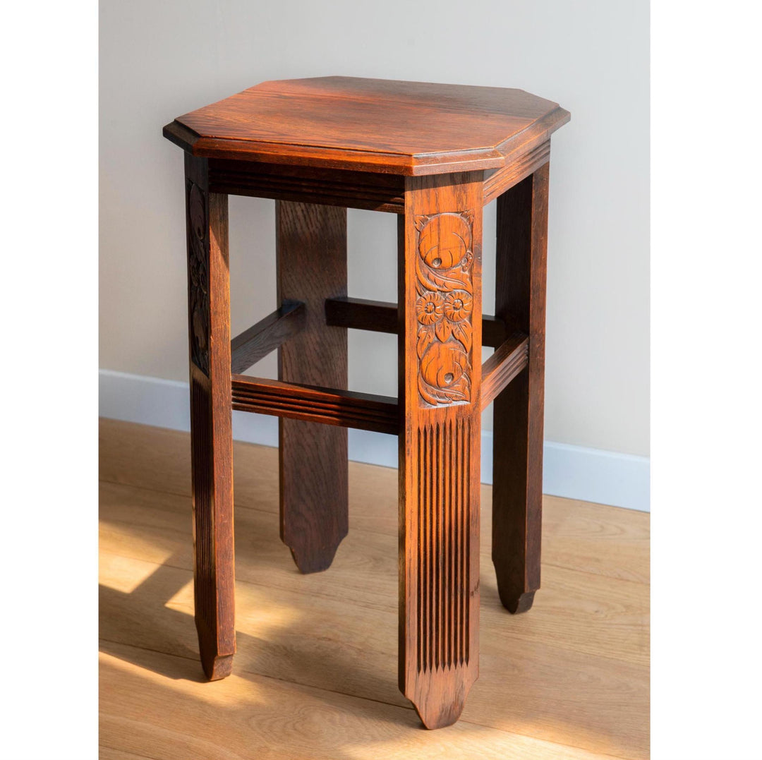 Hand Carved Oak Side Table, Art Deco Design