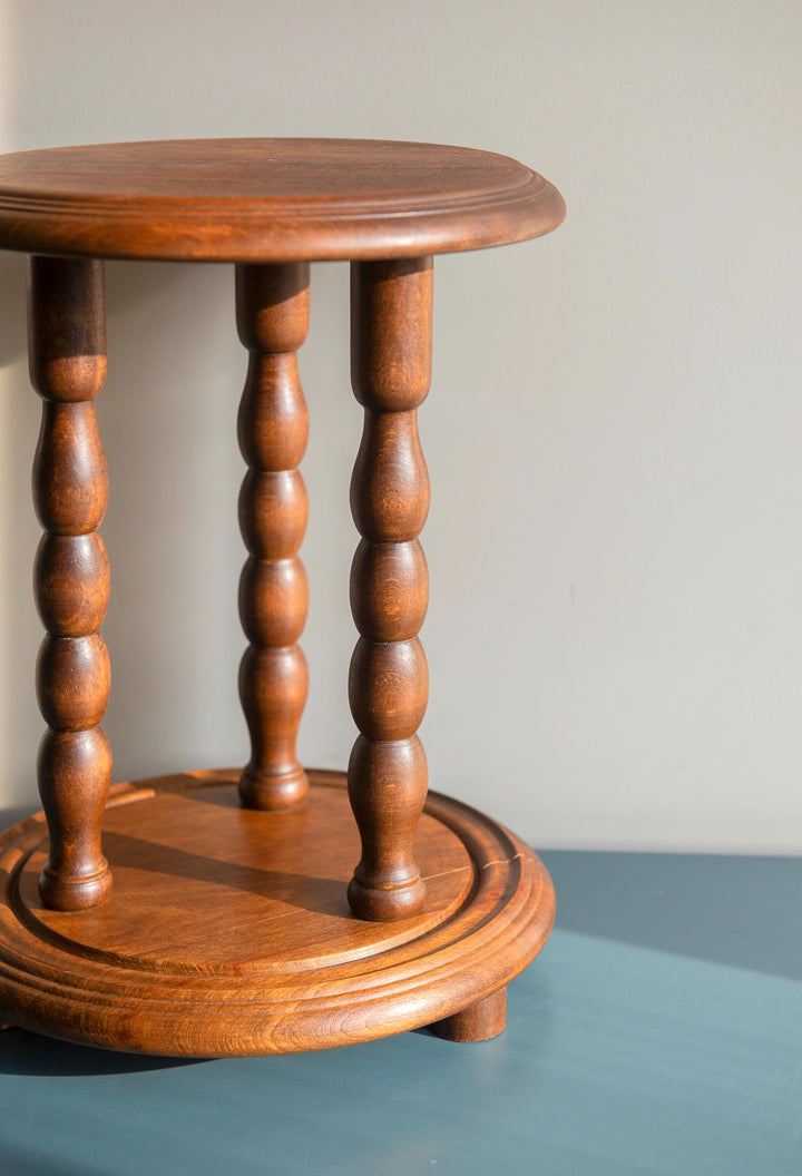 Small Round Stool With Turned Legs, Oak Wood