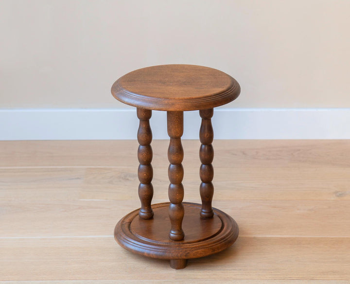 Small Round Stool With Turned Legs, Oak Wood
