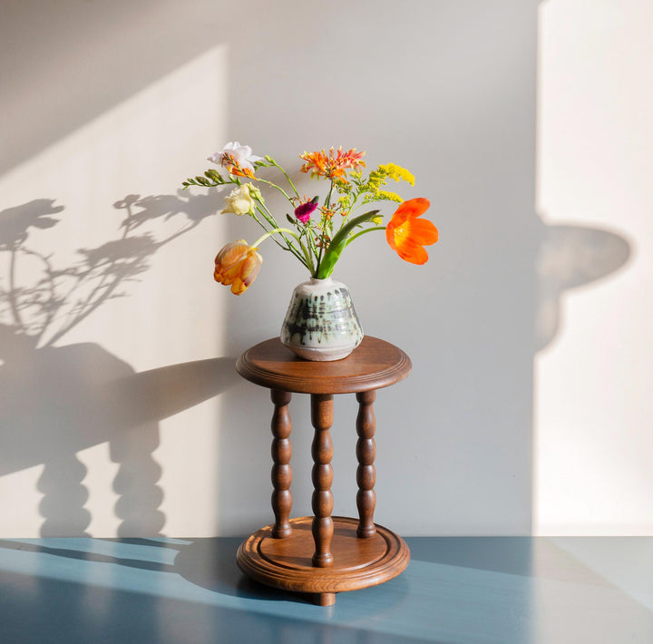 Small Round Stool With Turned Legs, Oak Wood