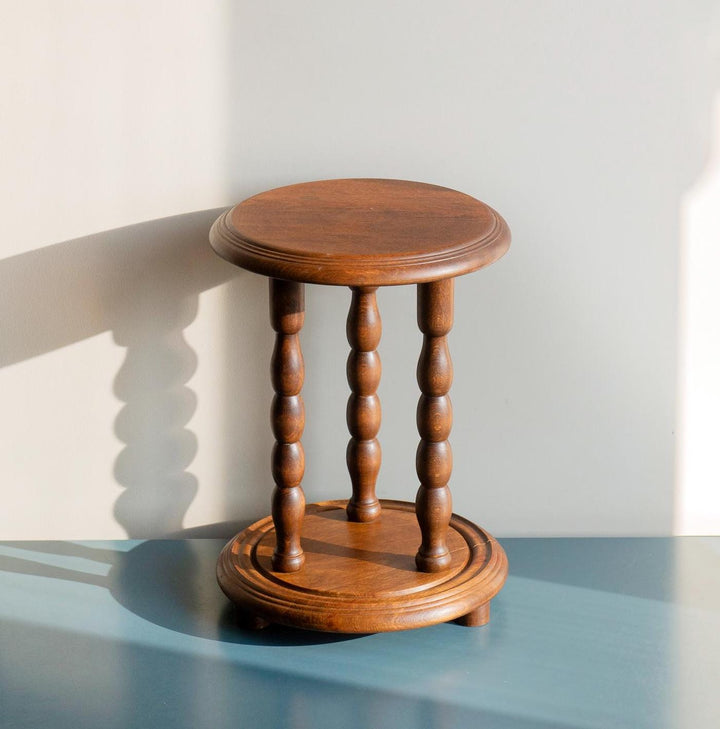 Small Round Stool With Turned Legs, Oak Wood