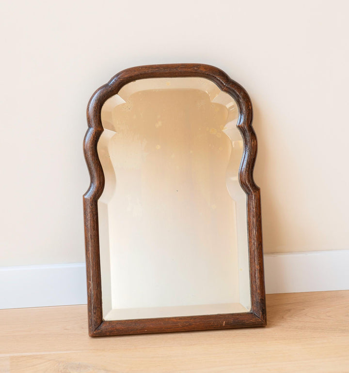 Scalloped Oak Farmers Mirror With Beveled Glass