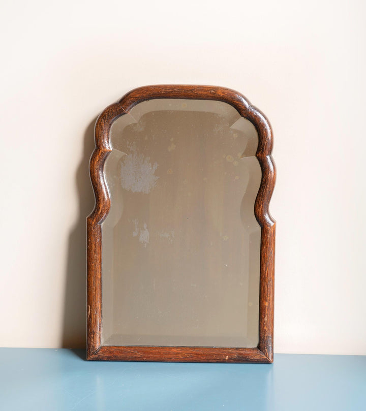 Scalloped Oak Farmers Mirror With Beveled Glass