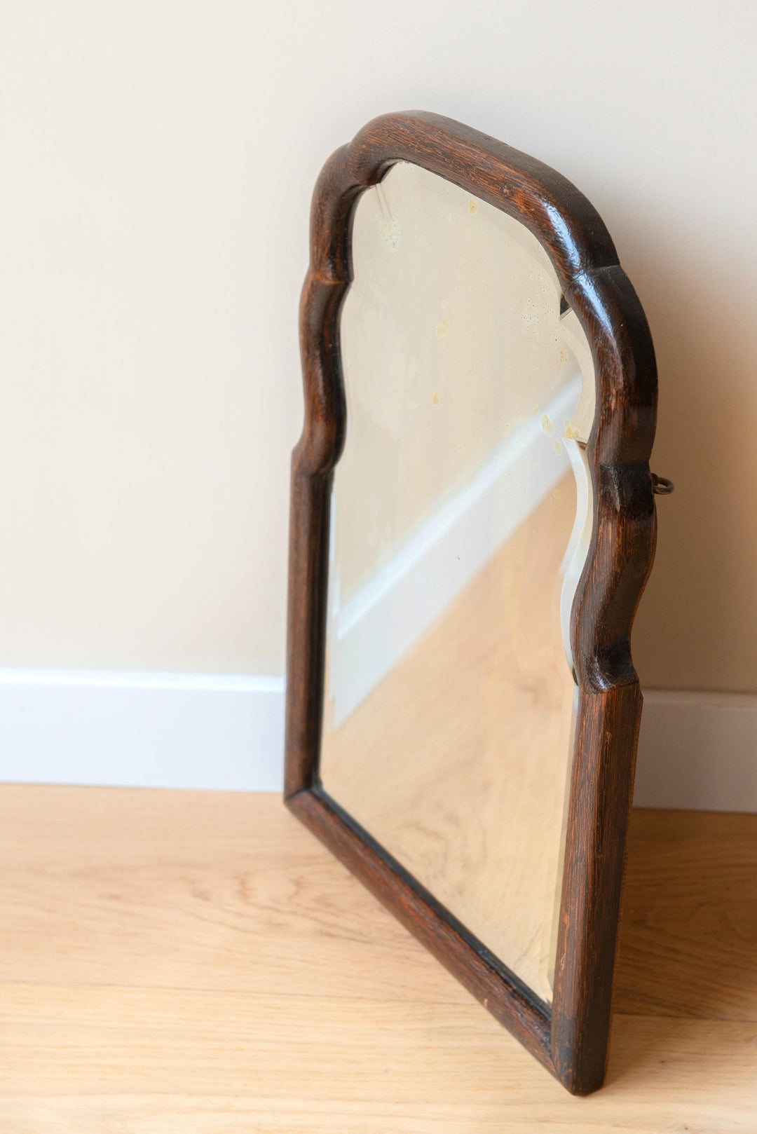 Scalloped Oak Farmers Mirror With Beveled Glass