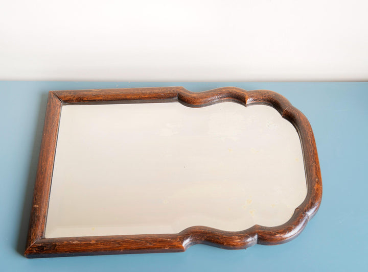 Scalloped Oak Farmers Mirror With Beveled Glass