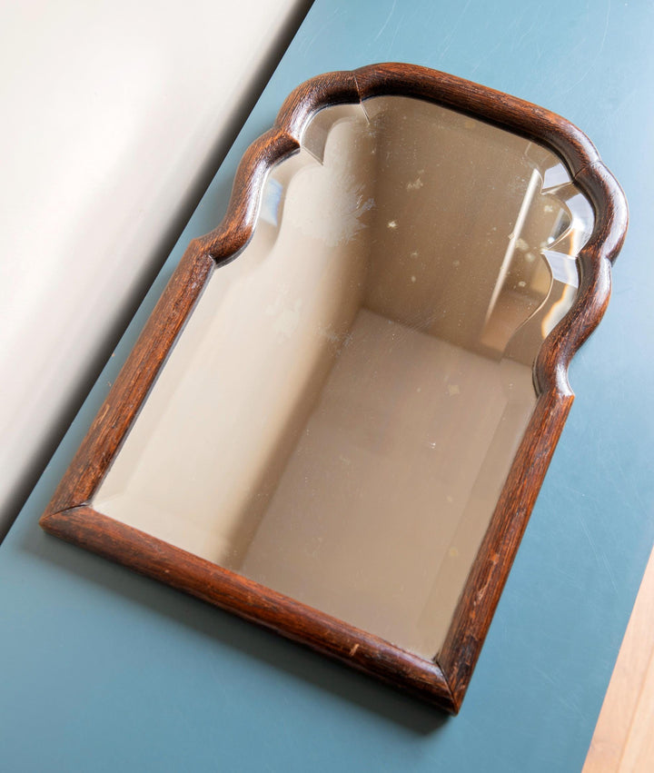 Scalloped Oak Farmers Mirror With Beveled Glass