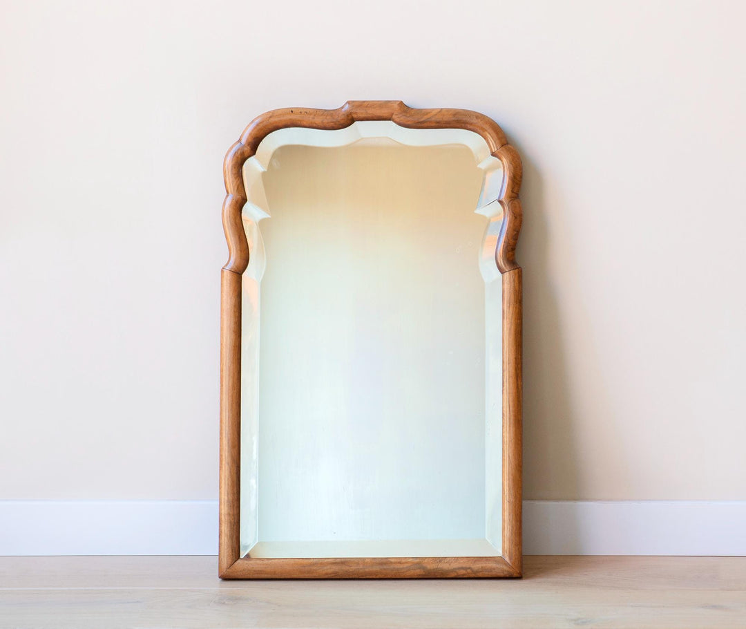 Large Scalloped Walnut Mirror With Beveled Glass, 19th Century