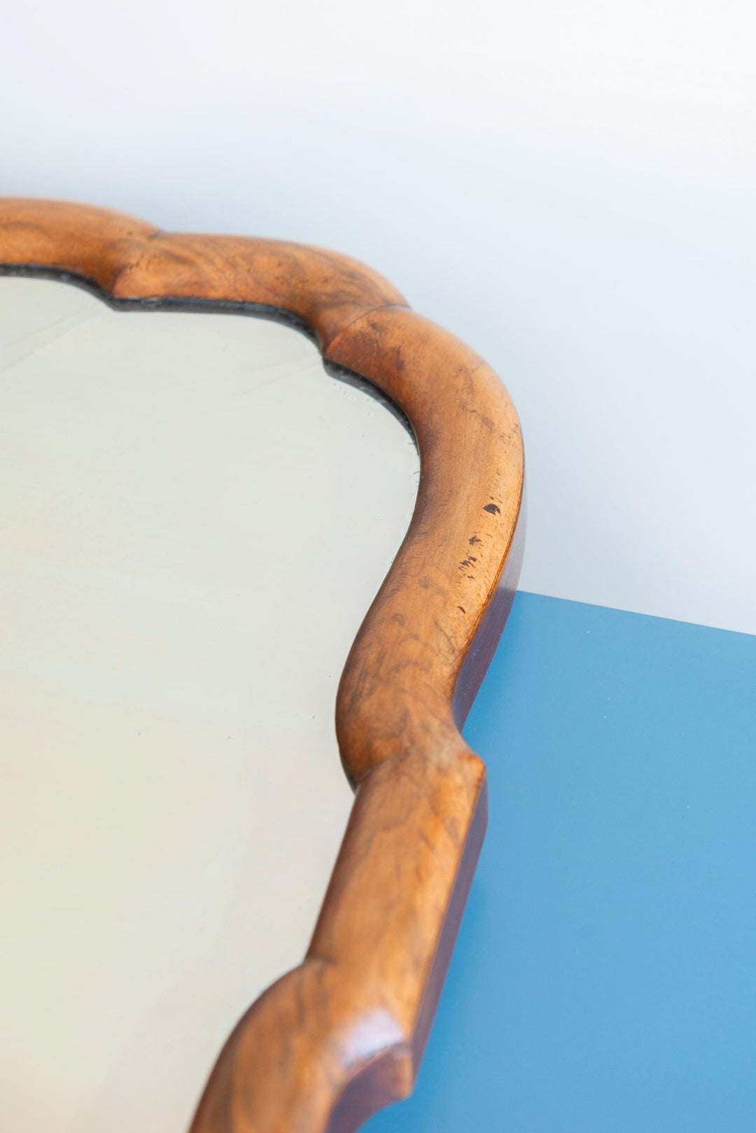 Large Scalloped Walnut Mirror With Beveled Glass, 19th Century