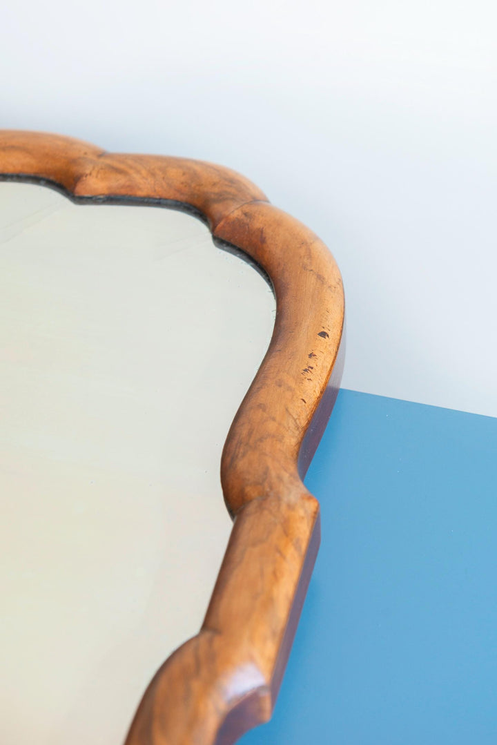 Large Scalloped Walnut Mirror With Beveled Glass, 19th Century