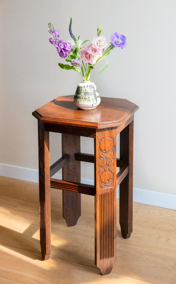Hand Carved Oak Side Table, Art Deco Design