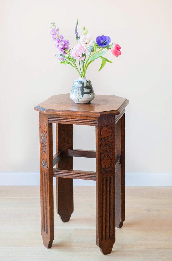 Hand Carved Oak Side Table, Art Deco Design