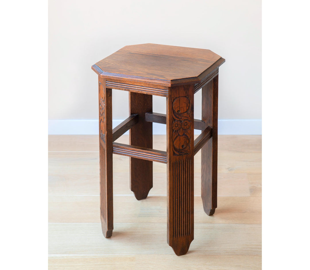 Hand Carved Oak Side Table, Art Deco Design