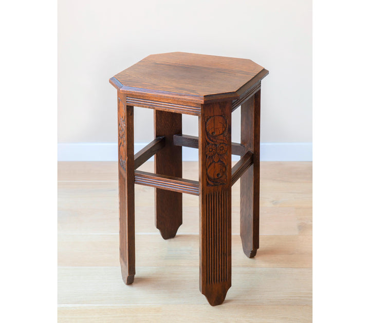 Hand Carved Oak Side Table, Art Deco Design