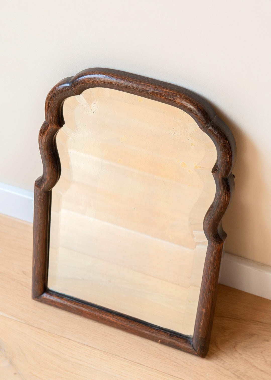 Scalloped Oak Farmers Mirror With Beveled Glass