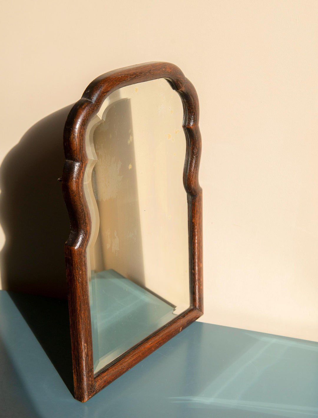 Scalloped Oak Farmers Mirror With Beveled Glass